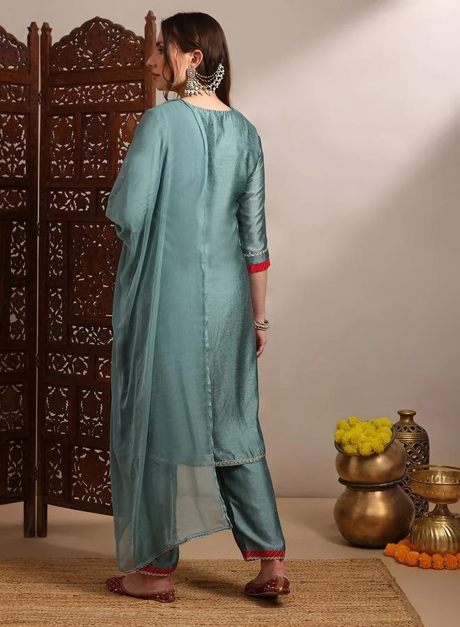 globus Women Teal Zari Embroidered Kurta with Wide Leg Pants and Dupatta Set
